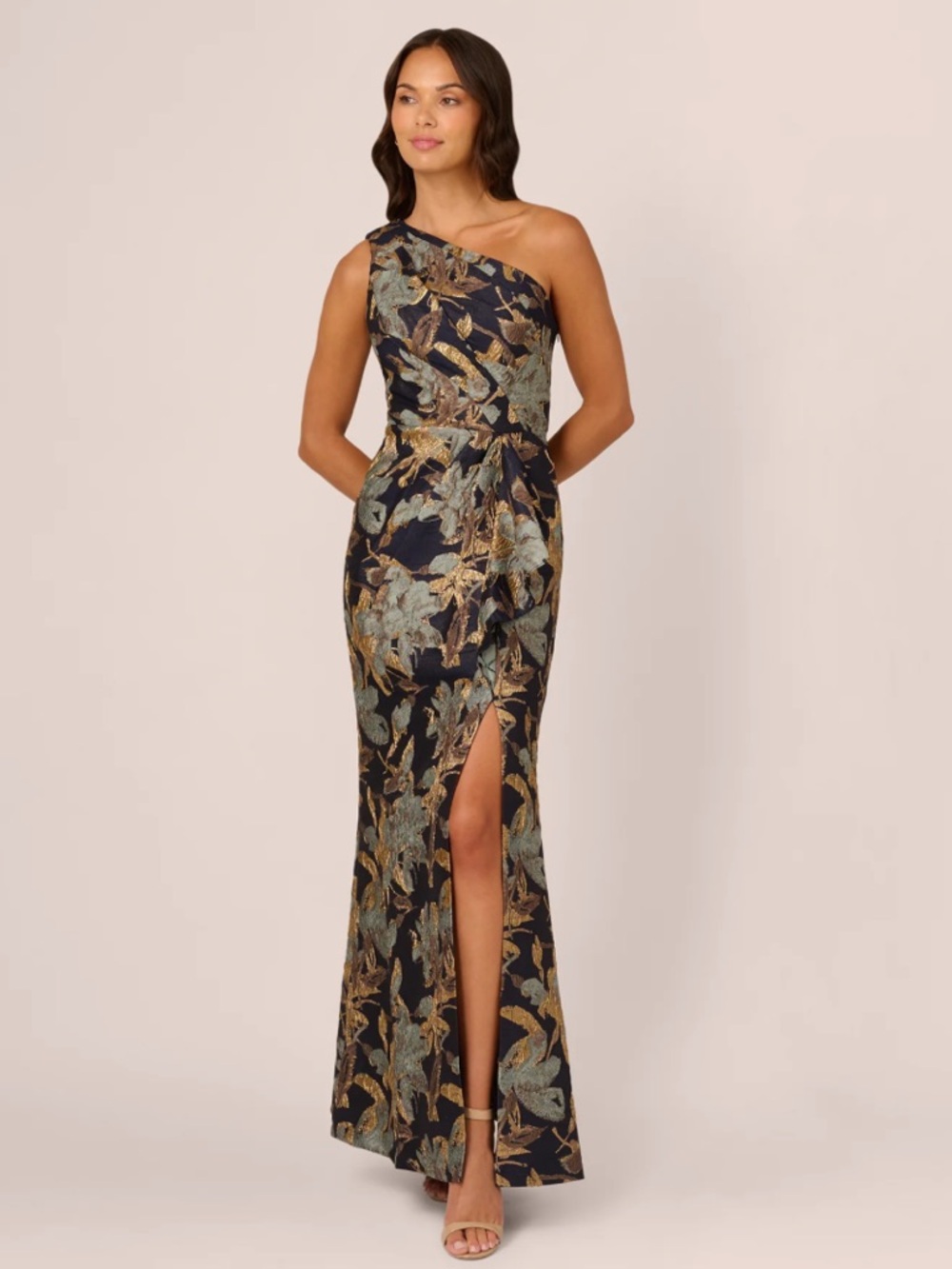 Adrianna Papell Navy One-Shoulder Metallic Gold & Sage Floral Gown